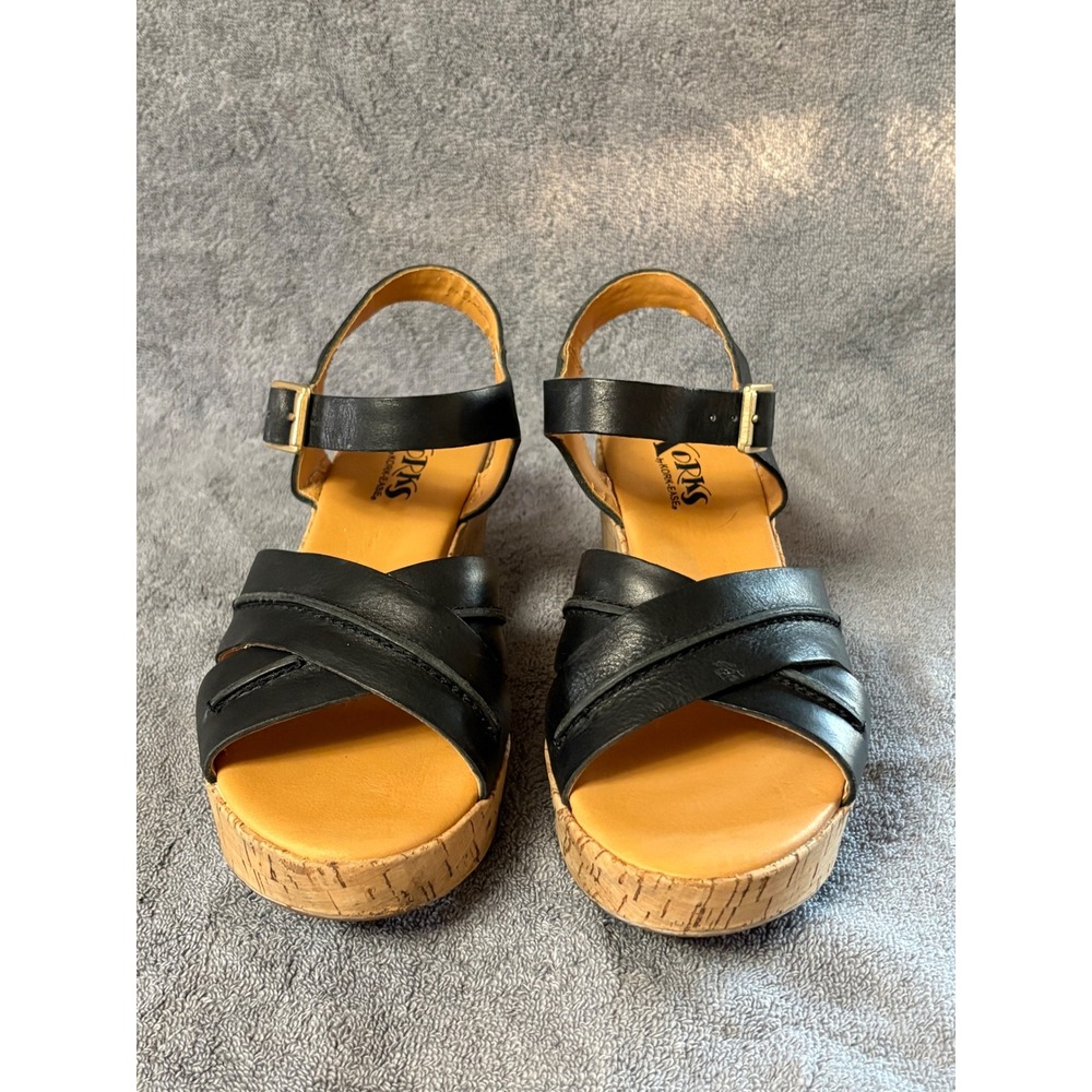 Korks by Kork-Ease Black Leather Crisscross Platform Wedge Sandals Womens